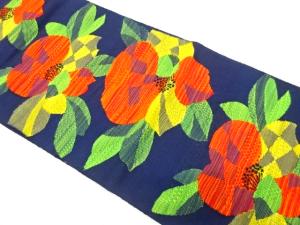 手織り紬　抽象花模様織り出し　名古屋帯